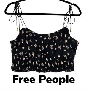 Free People Black Floral Smocked Cropped Tie At Shoulder Summer Top Sz S.